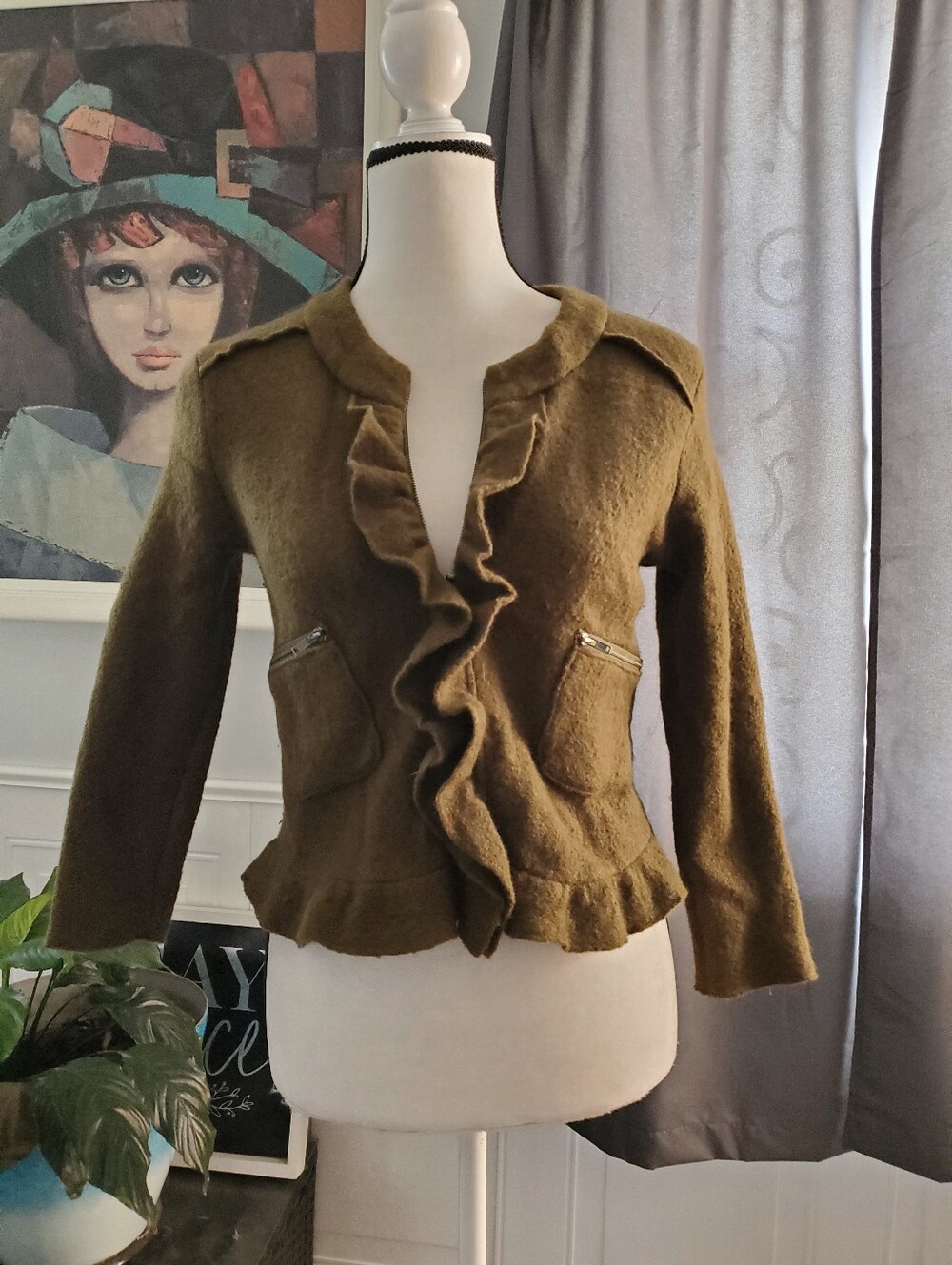 LOFT Olive Green Merino Wool Ruffle Zip Jacket XSP